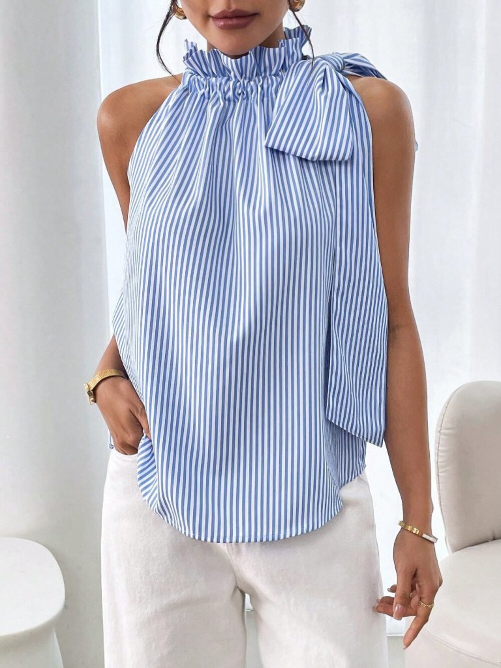 Blue Casual Women's Striped Ruffle Collar Bowknot Sleeveless Blouse - Picture 5 of 6